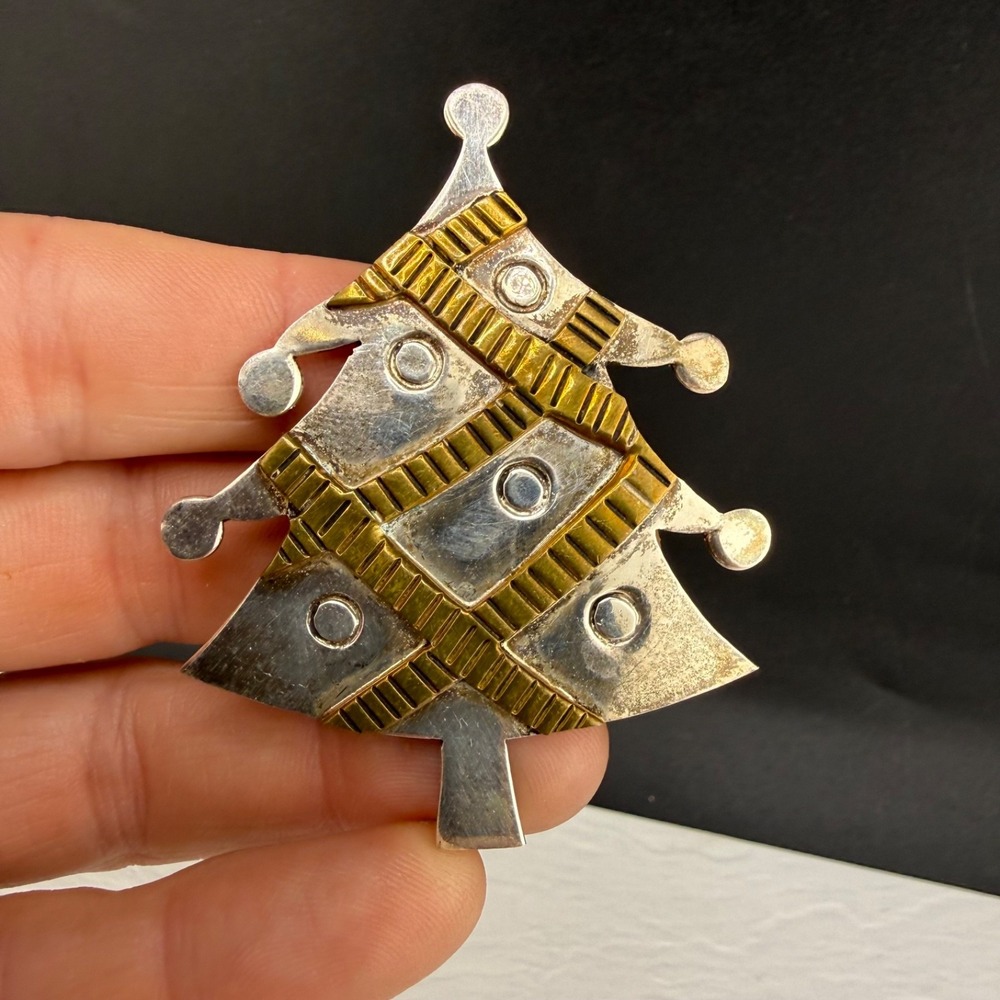 Vintage Laton Christmas Tree Brooch Silver Mixed Metal Holiday Pin